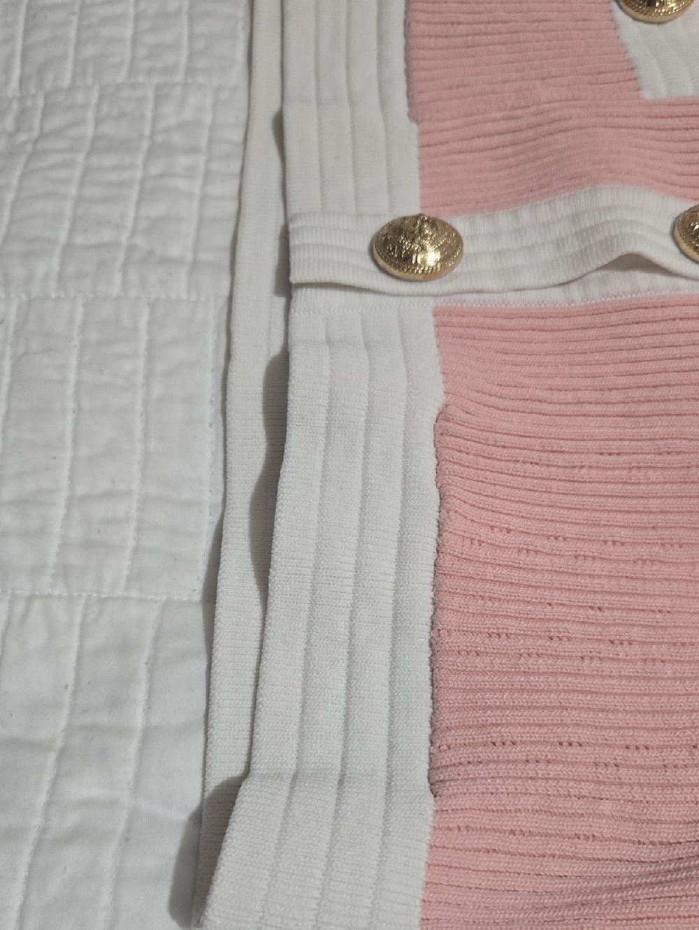 Balmain Pink Knit Cardigan with White Trim and Gold Buttons - Picture 10 of 11